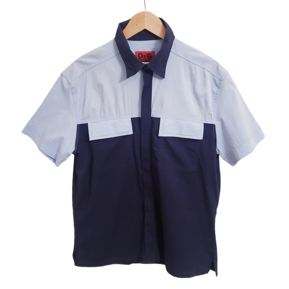 Dolce & Gabbana Sport Color Block Blue Collared Short Sleeve Shirt, Size L